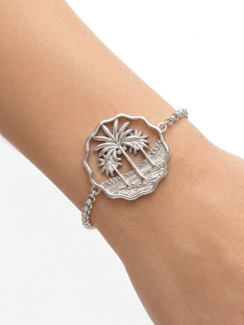 925 Sterling Silver Palm Tree Scene Bracelet 7-8' Tropical Beach Charm 6.42grams